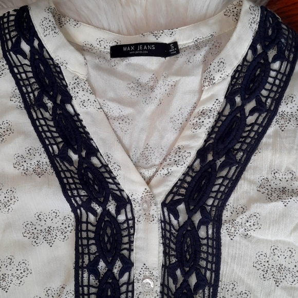 Max Jeans Dress Peasent Boho Crochet front Midi Cream Colored - Picture 2 of 6